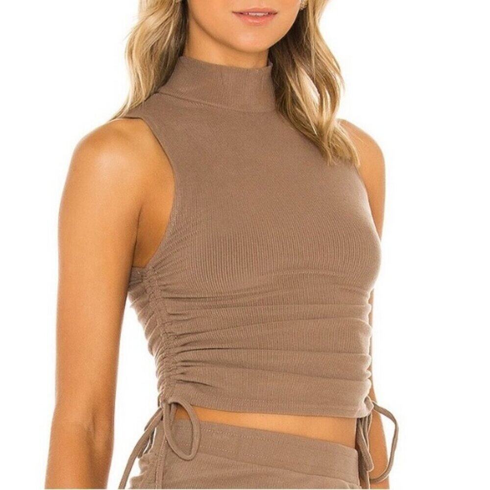 💐5 for $15💐‎ SHEIN Brown Ruched Tie Side Mock Neck Ribbed Crop Top